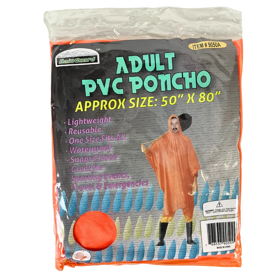 10 Mil Orange Vinyl Rain Poncho with Hood - Adult Size  - RAIN-90509