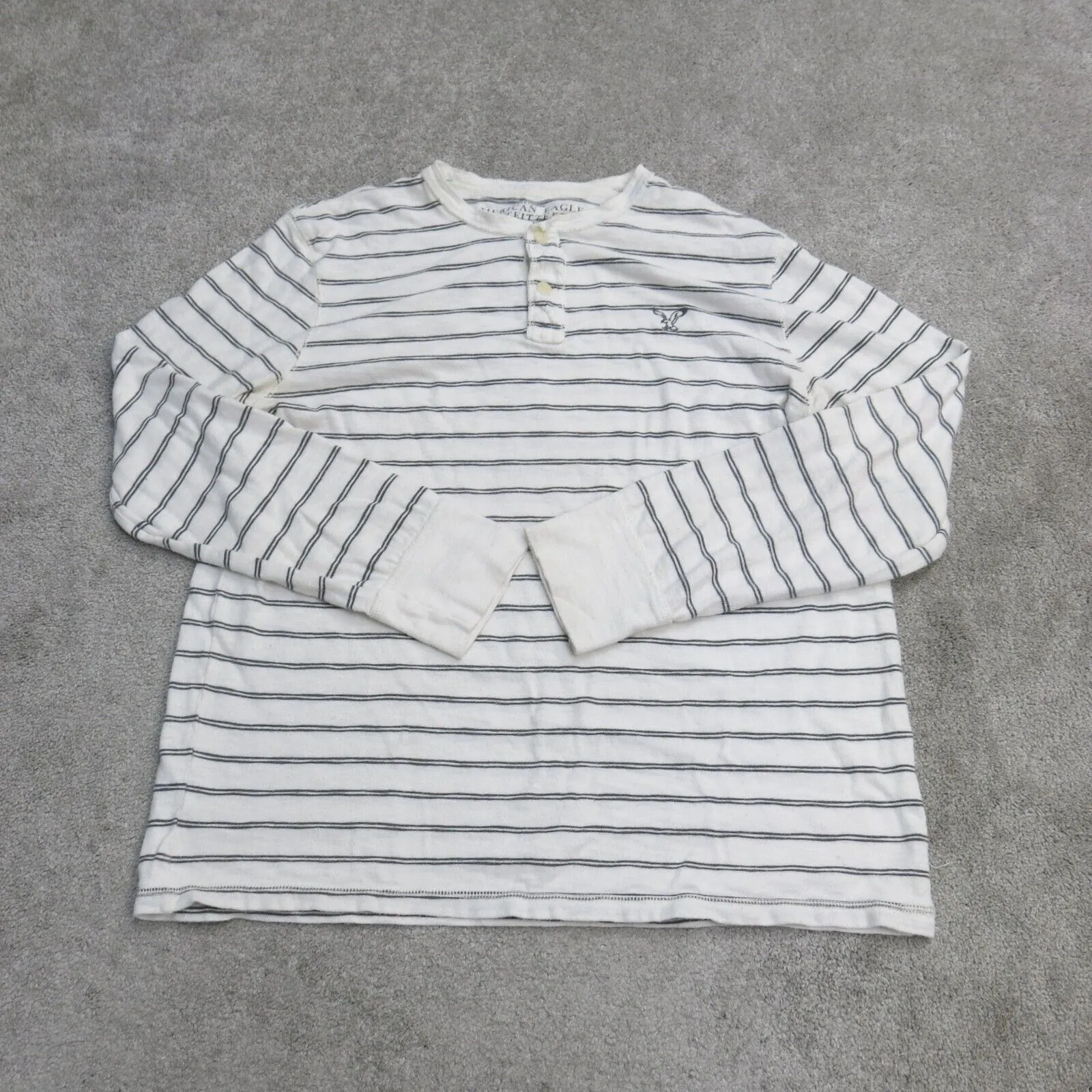 American Eagle Mens Striped Henley T Shirt Long Sleeve Athletics Fit White SZ XL