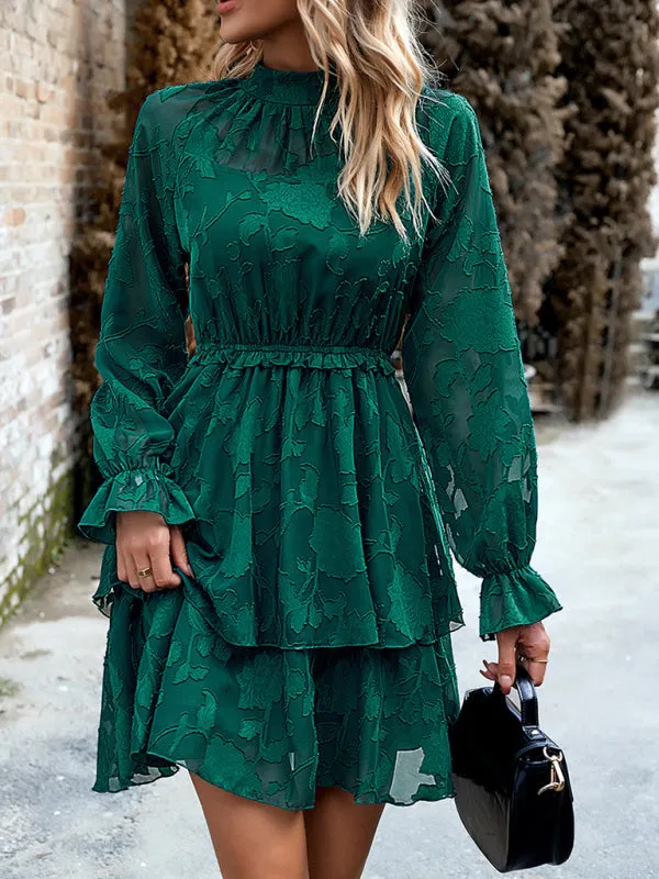 Boho Jacquard Floral Mesh Long Sleeve Dress