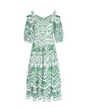 BORA AKSU Off-The-Shoulder Pleated Hem Pattern Cutout Embroidered Dress