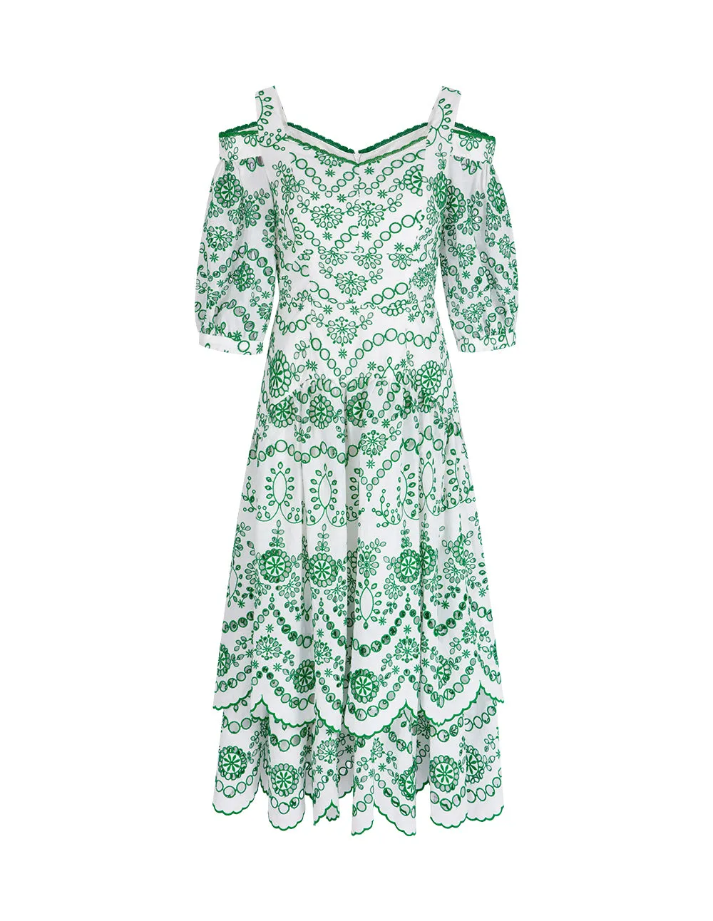 BORA AKSU Off-The-Shoulder Pleated Hem Pattern Cutout Embroidered Dress