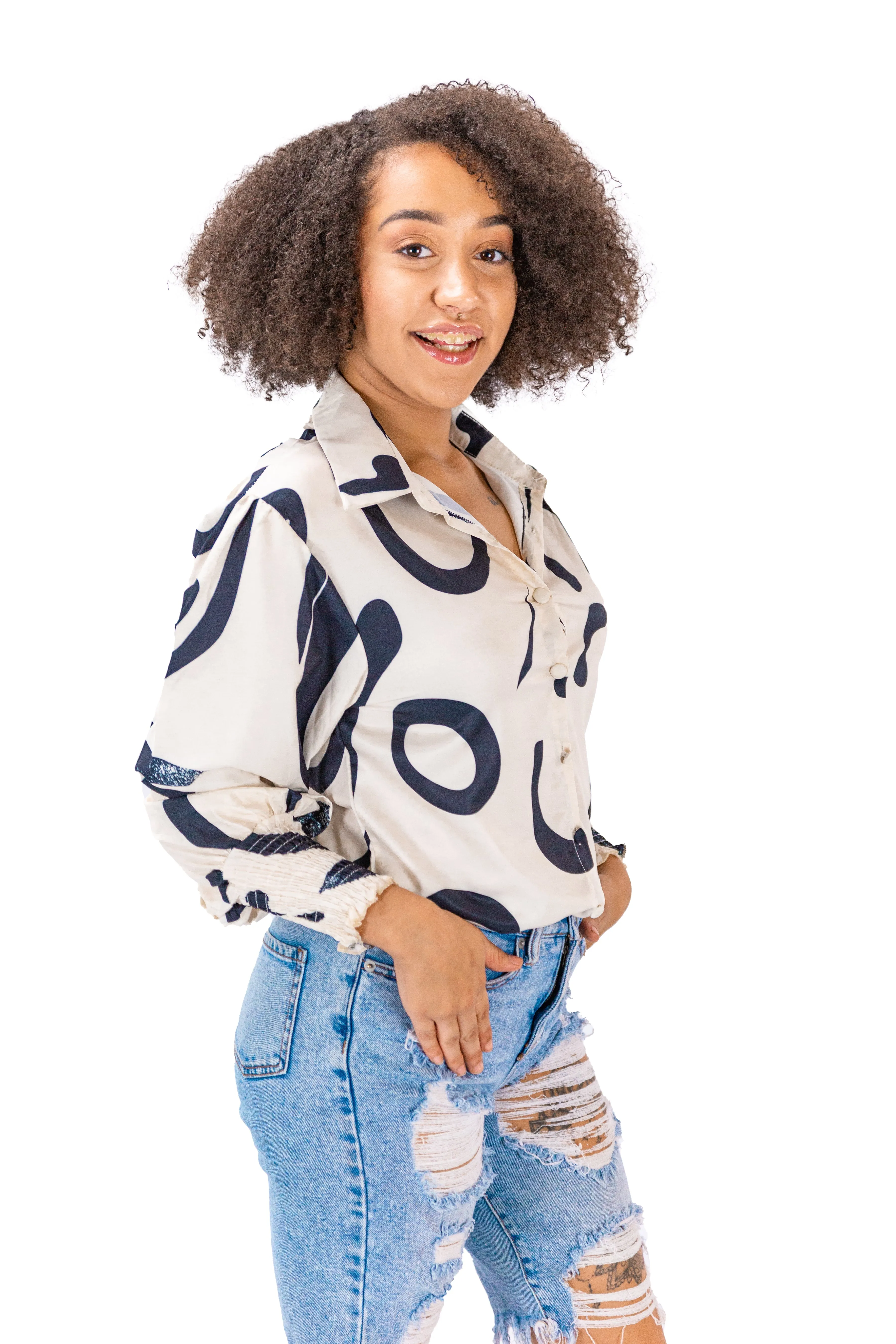 Button-Down Beige & Black Abastract Print Shirt