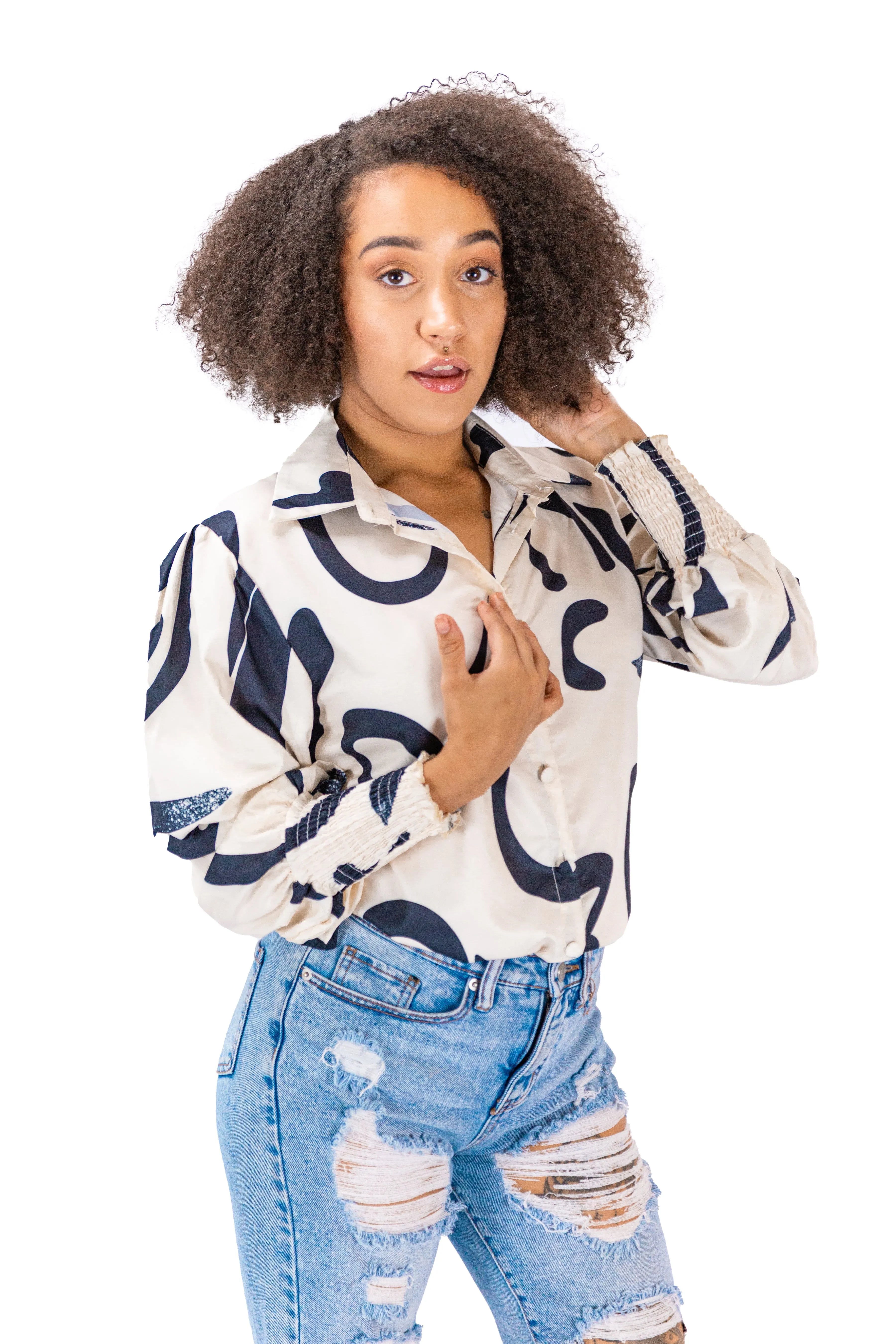 Button-Down Beige & Black Abastract Print Shirt