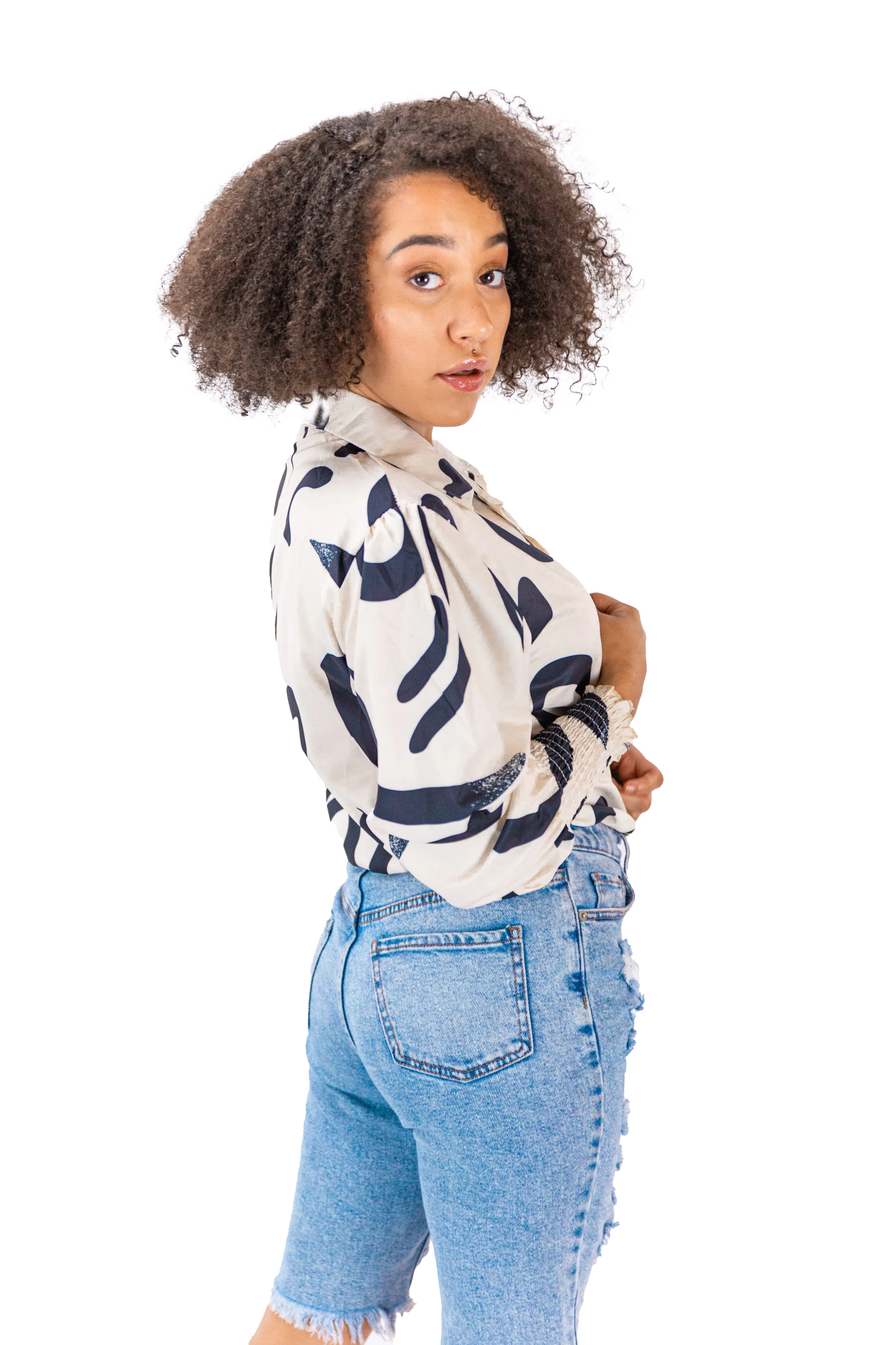 Button-Down Beige & Black Abastract Print Shirt