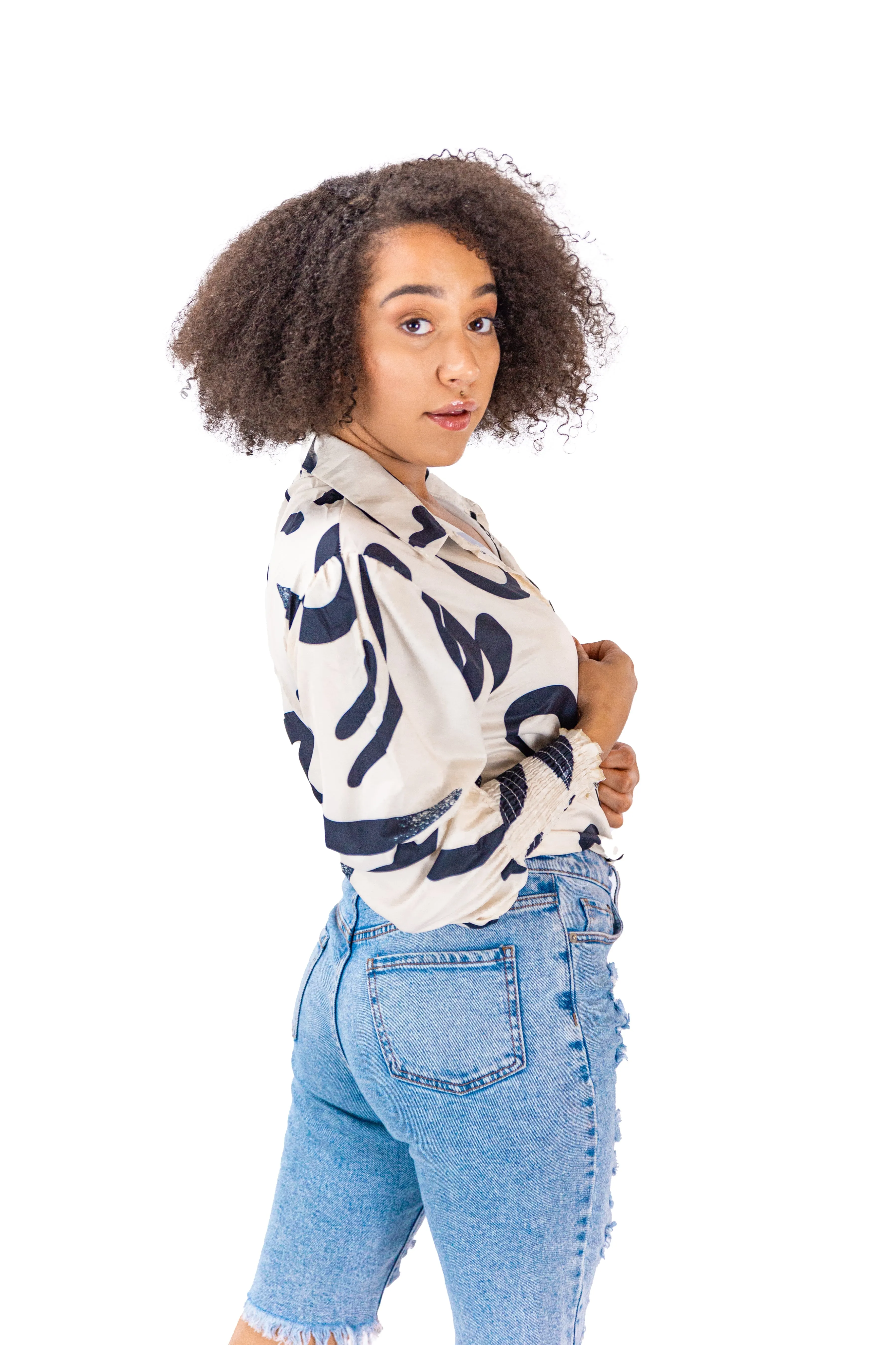 Button-Down Beige & Black Abastract Print Shirt