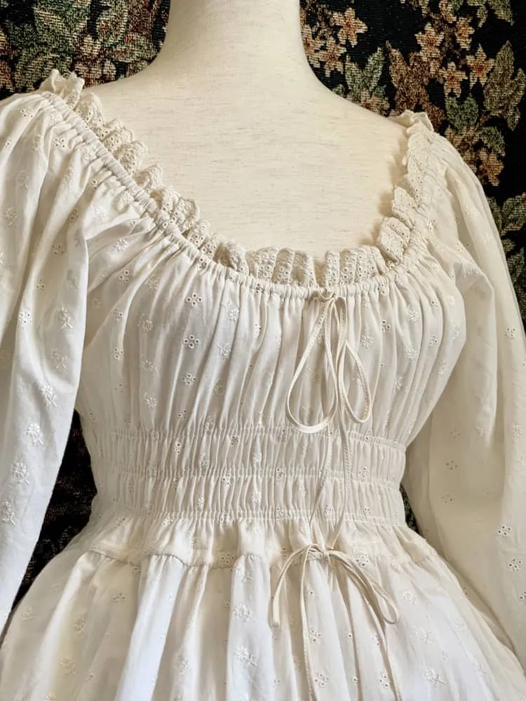 Historically Inspired Sheer Smocked Chemise Dress in Ivory Floral Cotton