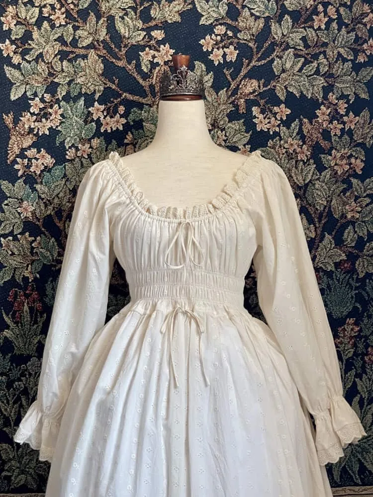 Historically Inspired Sheer Smocked Chemise Dress in Ivory Floral Cotton