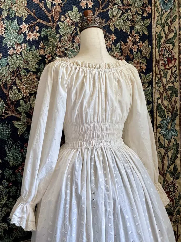 Historically Inspired Sheer Smocked Chemise Dress in Ivory Floral Cotton