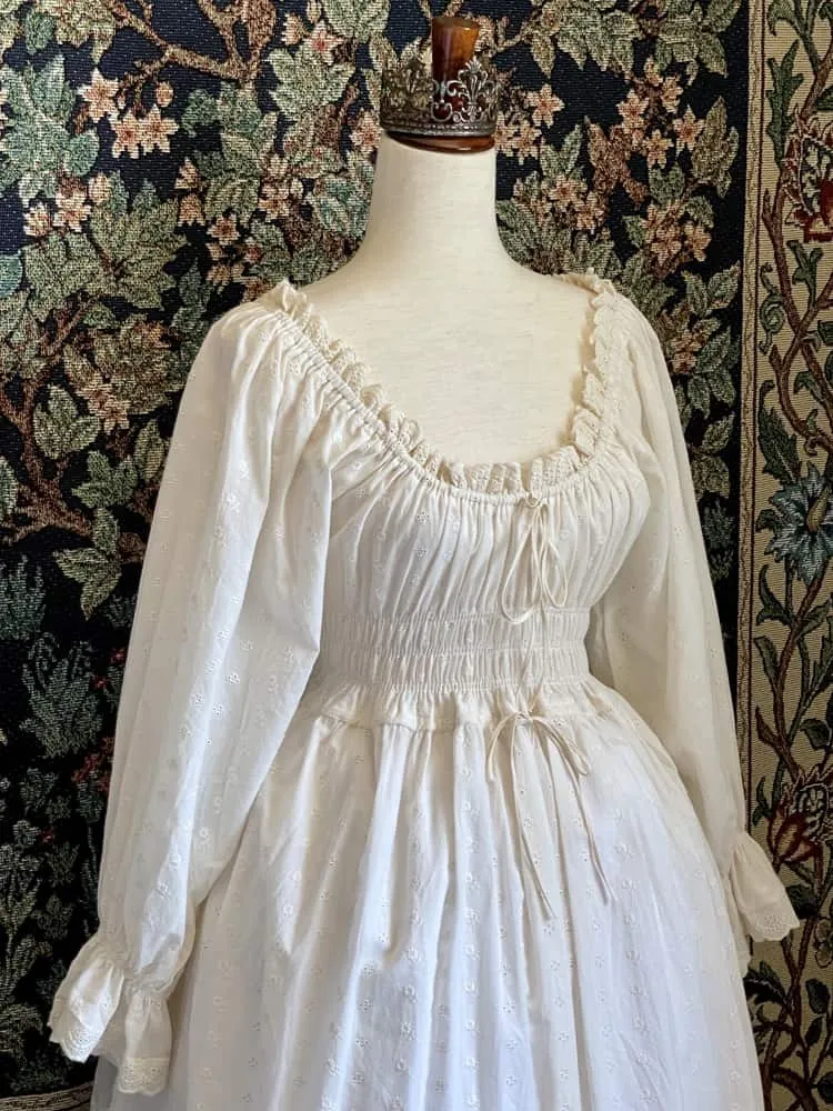 Historically Inspired Sheer Smocked Chemise Dress in Ivory Floral Cotton