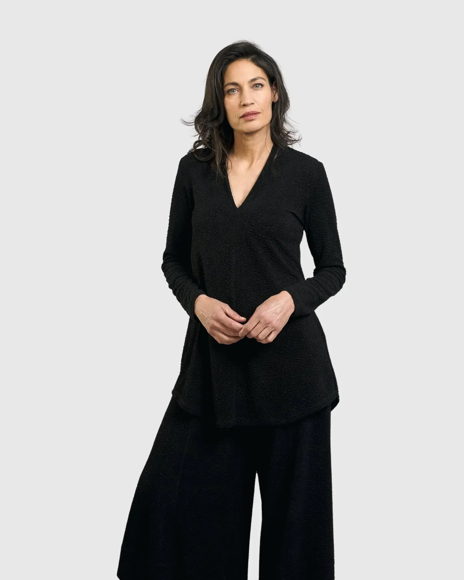 Jacquard V-Neck Tunic Top, Black