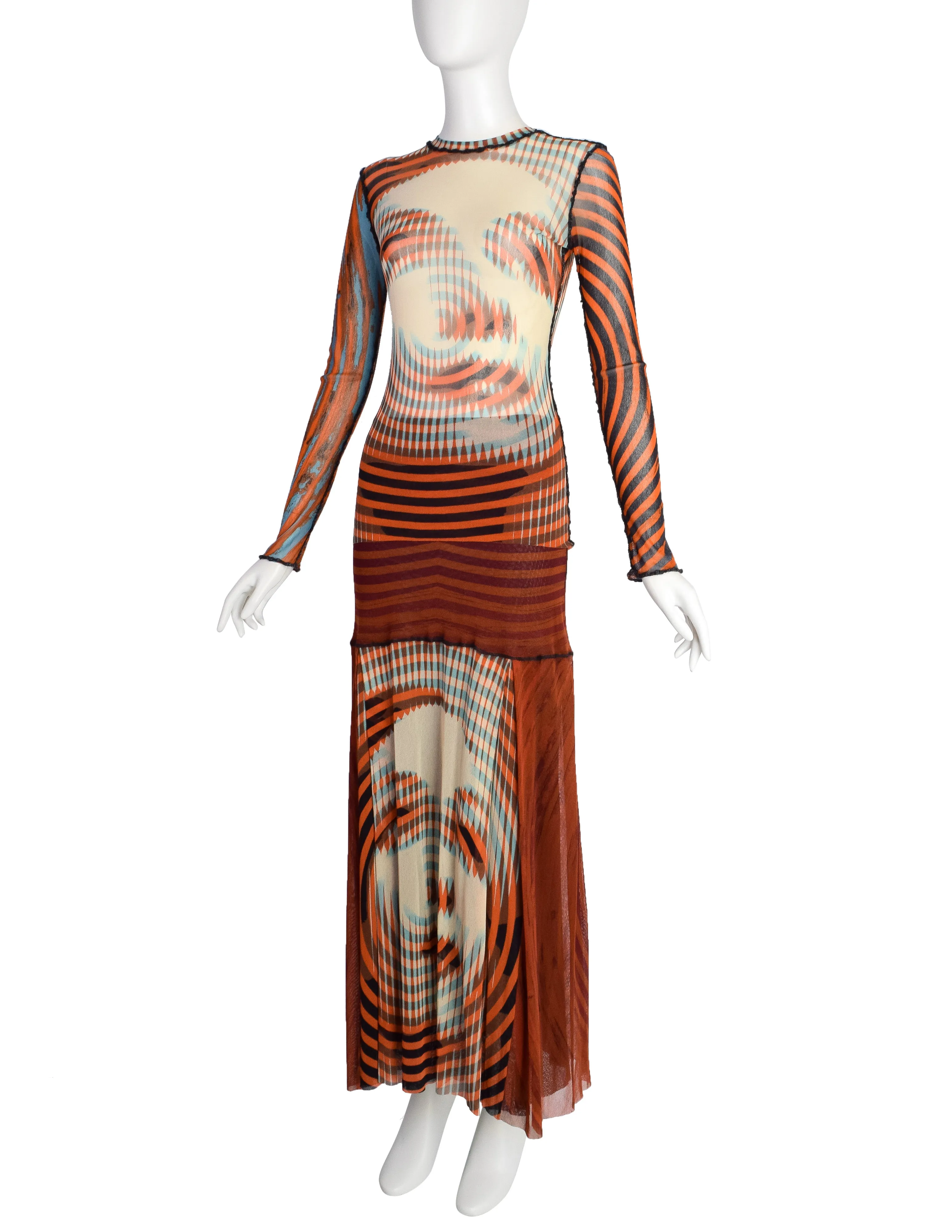 Jean Paul Gaultier Vintage AW 2001 Optic Greta Garbo Face Mesh Top and Skirt Set