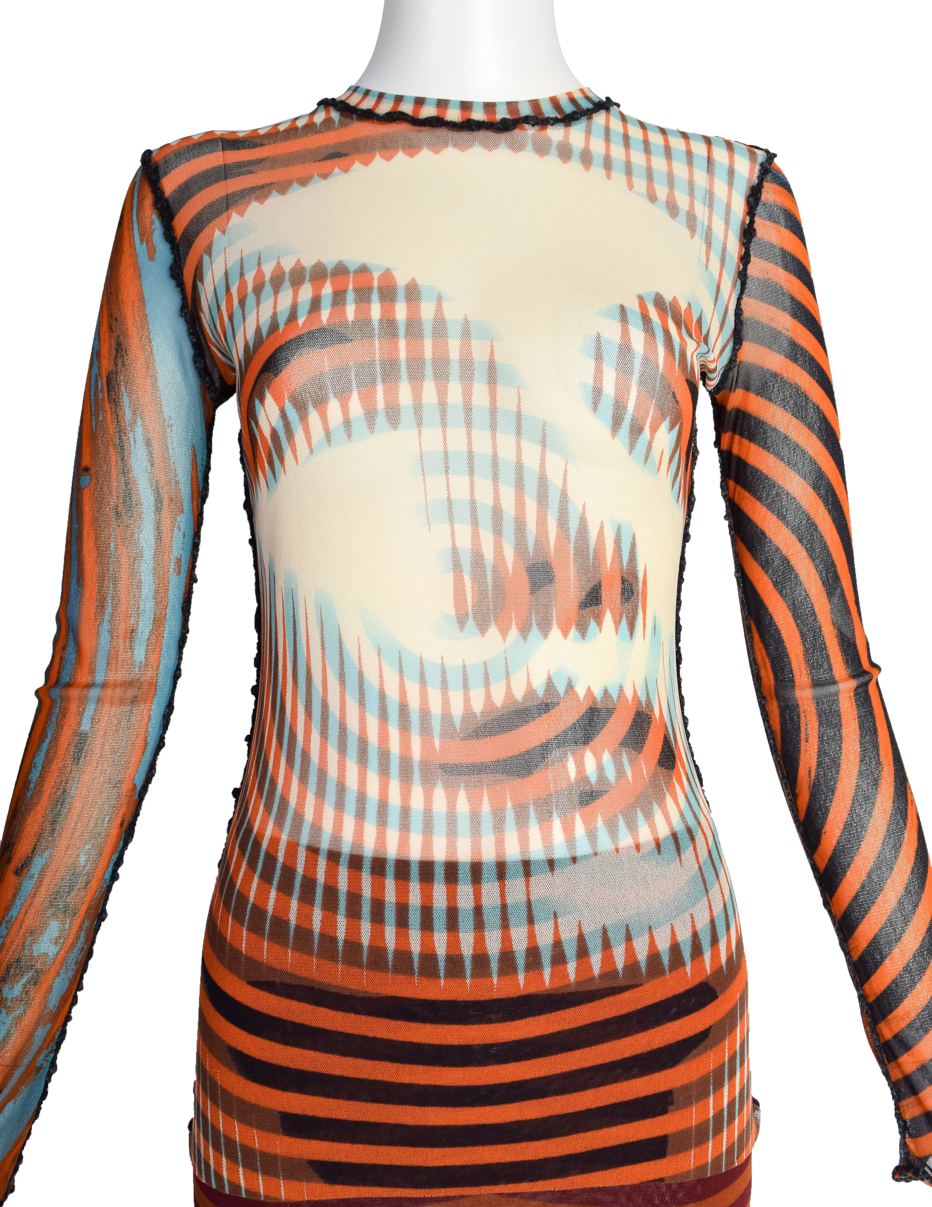 Jean Paul Gaultier Vintage AW 2001 Optic Greta Garbo Face Mesh Top and Skirt Set