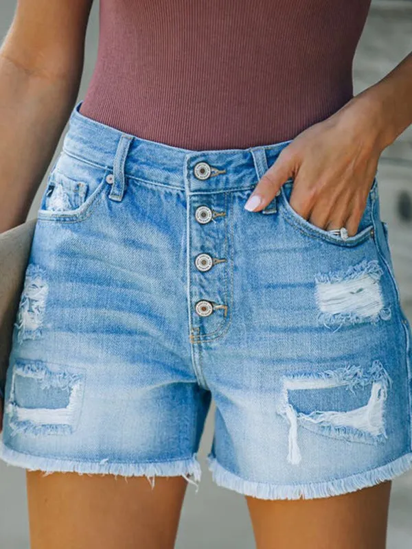New style ripped patch tassel personality one-row button denim shorts hot pants
