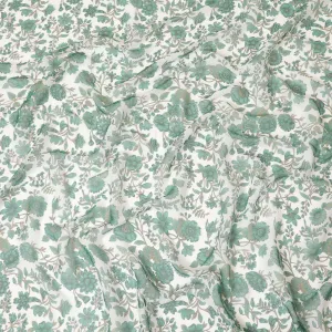 Off white silk wrinkle chiffon fabric with forest green and olive green print in floral design-D8561
