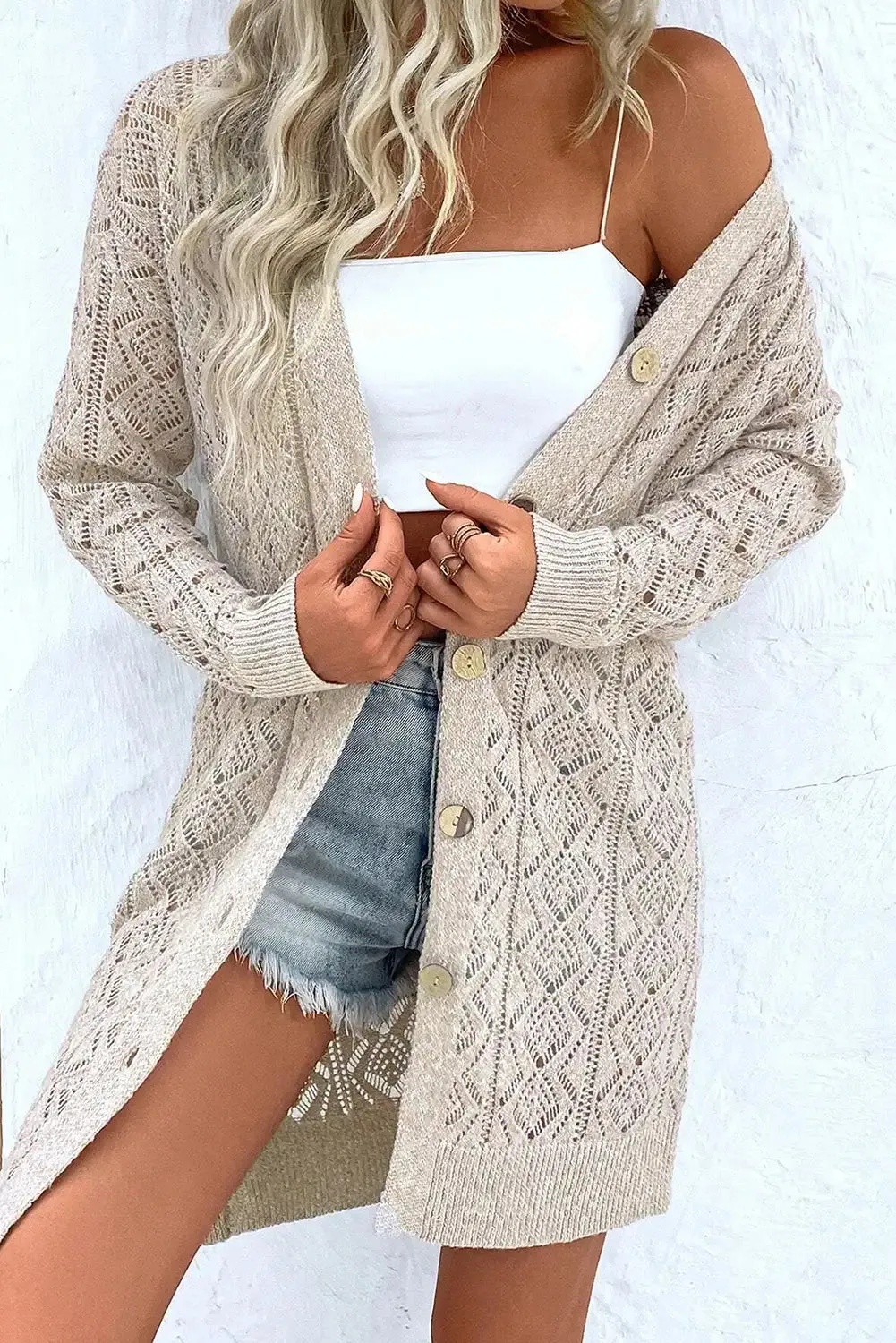 Parchment Hollow Out Long Cardigan