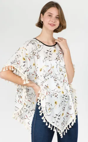 PON593 Floral Pattern Print Poncho with Tassels