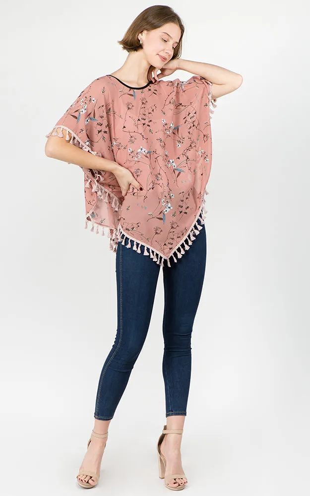 PON593 Floral Pattern Print Poncho with Tassels