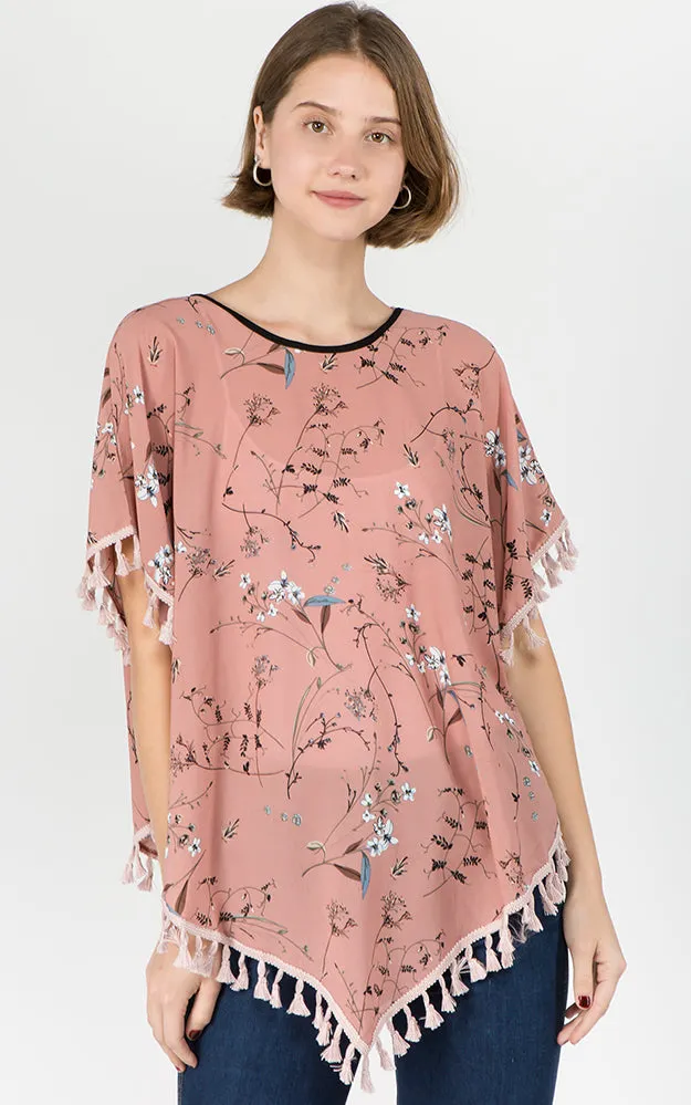 PON593 Floral Pattern Print Poncho with Tassels