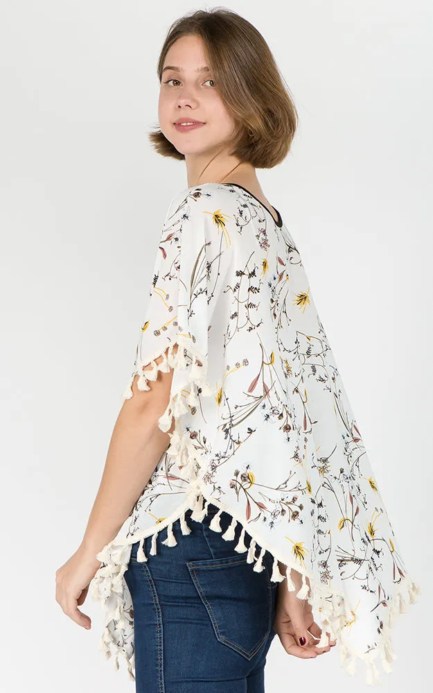 PON593 Floral Pattern Print Poncho with Tassels