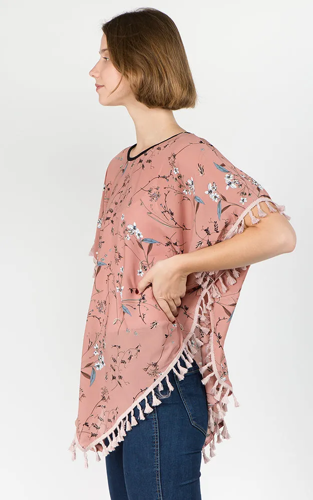 PON593 Floral Pattern Print Poncho with Tassels