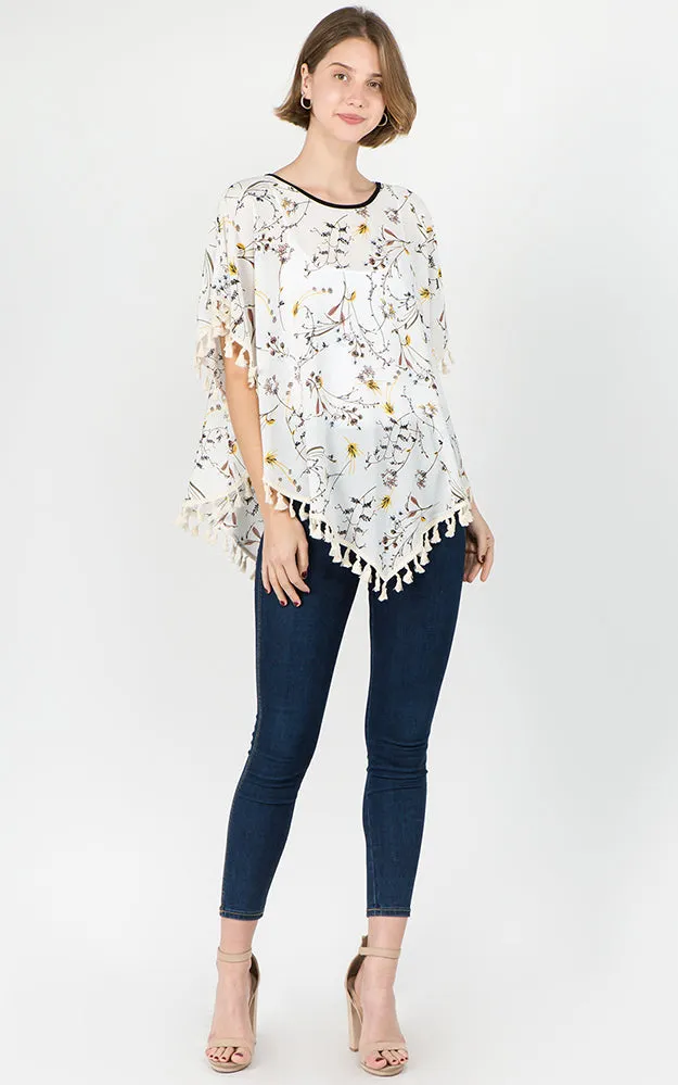 PON593 Floral Pattern Print Poncho with Tassels