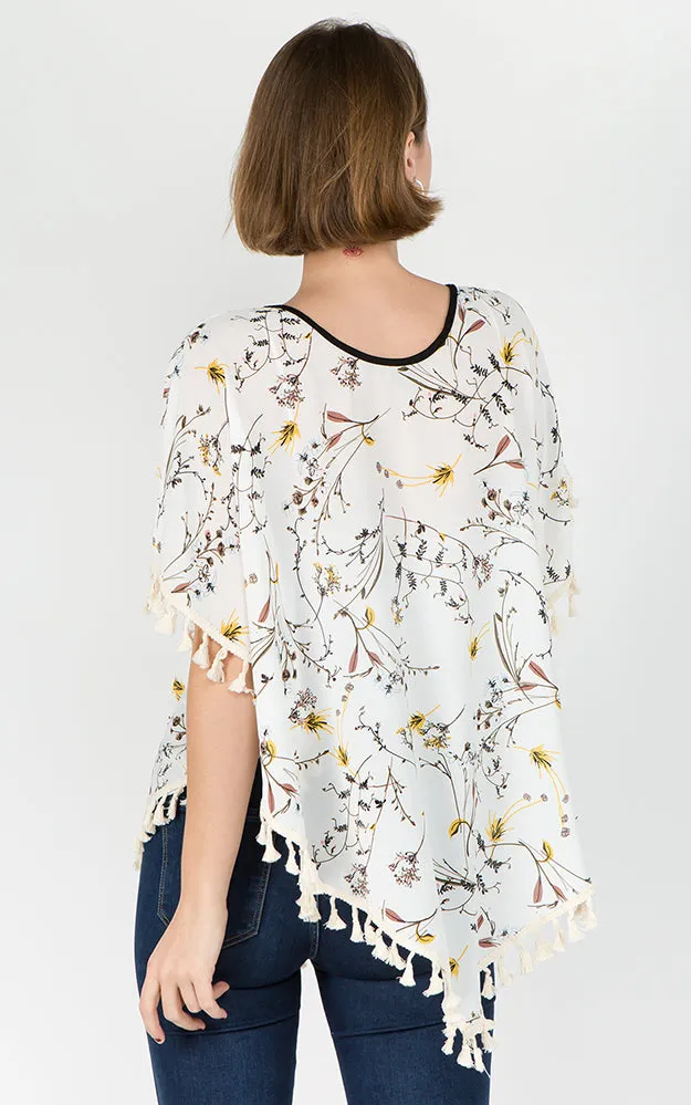 PON593 Floral Pattern Print Poncho with Tassels