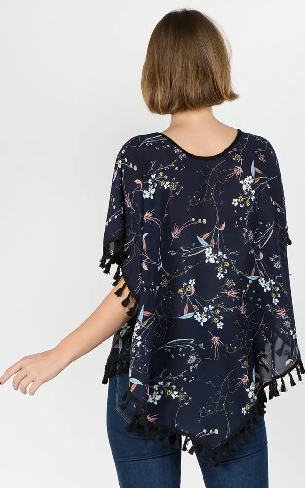 PON593 Floral Pattern Print Poncho with Tassels