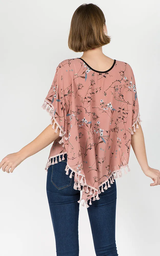 PON593 Floral Pattern Print Poncho with Tassels