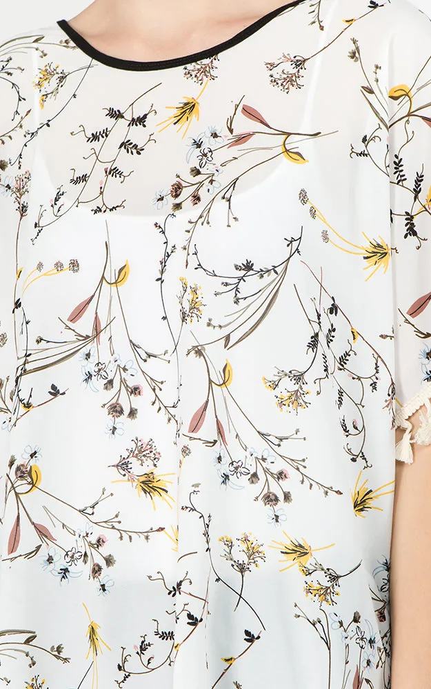 PON593 Floral Pattern Print Poncho with Tassels