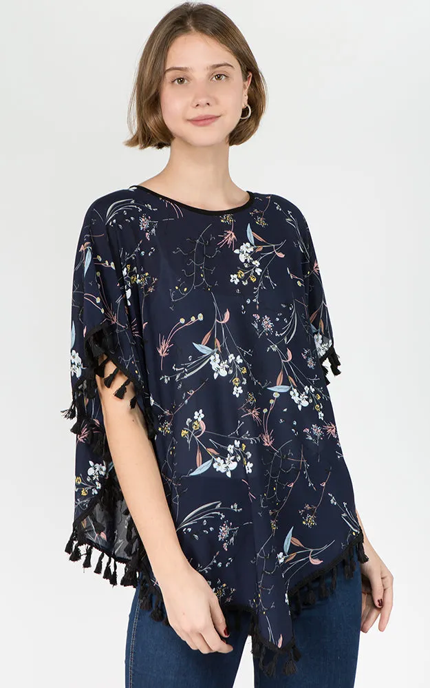 PON593 Floral Pattern Print Poncho with Tassels