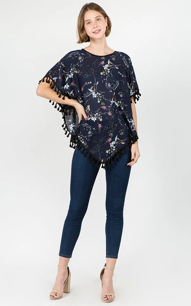 PON593 Floral Pattern Print Poncho with Tassels