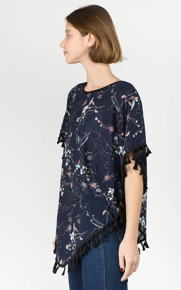 PON593 Floral Pattern Print Poncho with Tassels