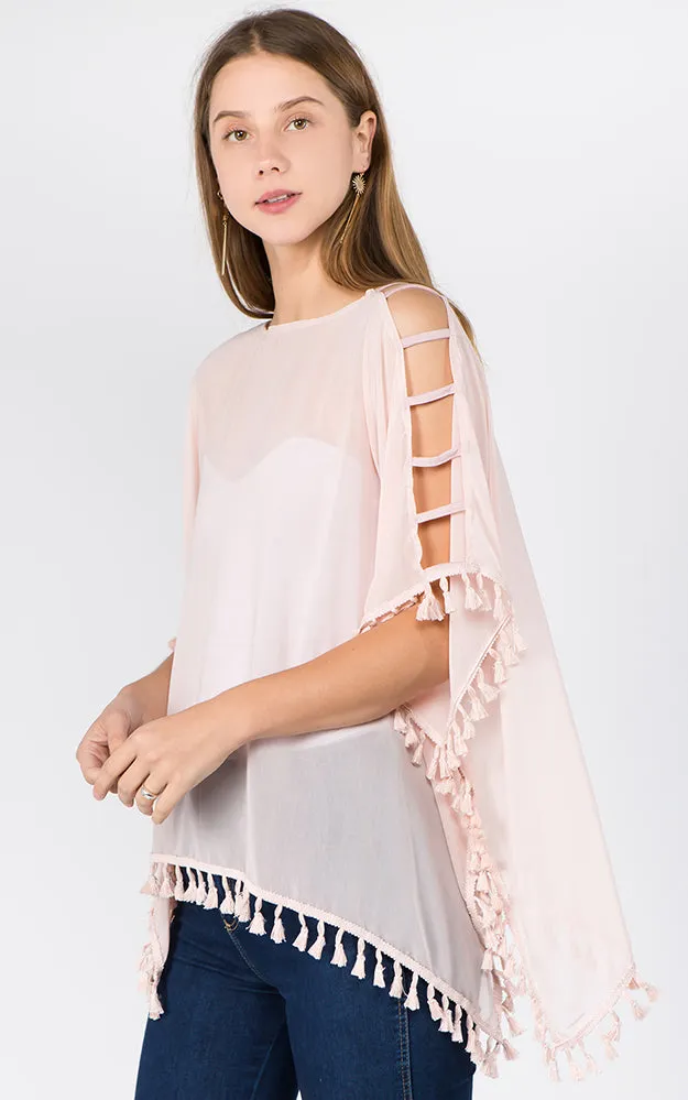 PP1C73 Solid Open Shoulder Poncho with Tassels