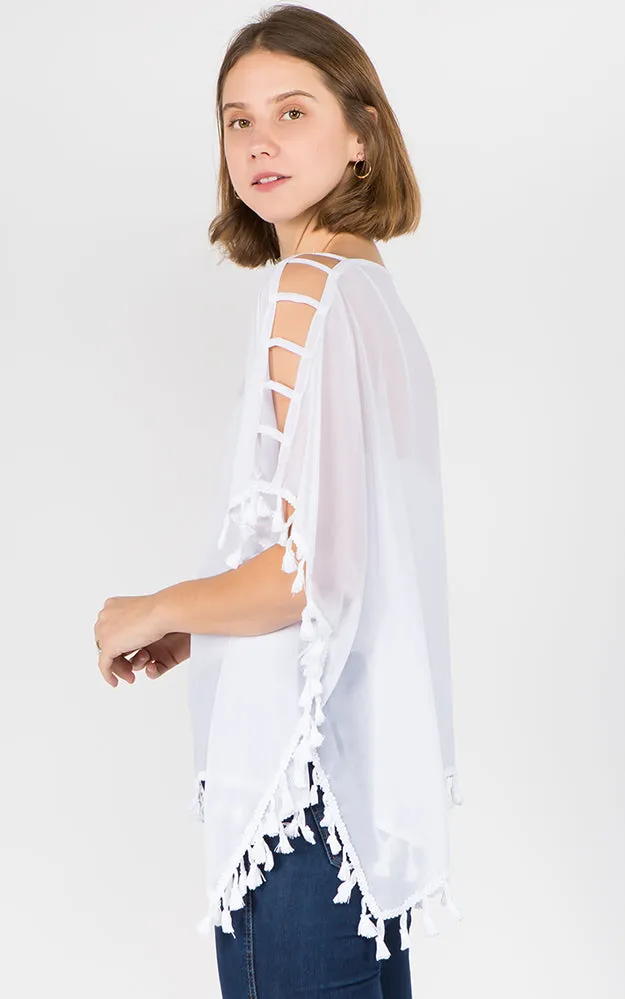 PP1C73 Solid Open Shoulder Poncho with Tassels