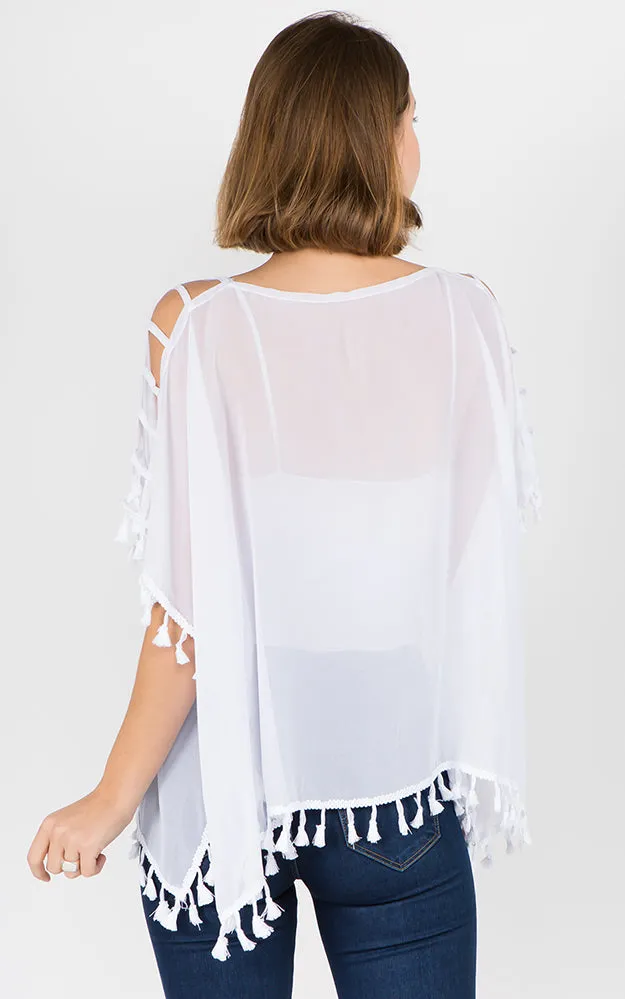 PP1C73 Solid Open Shoulder Poncho with Tassels