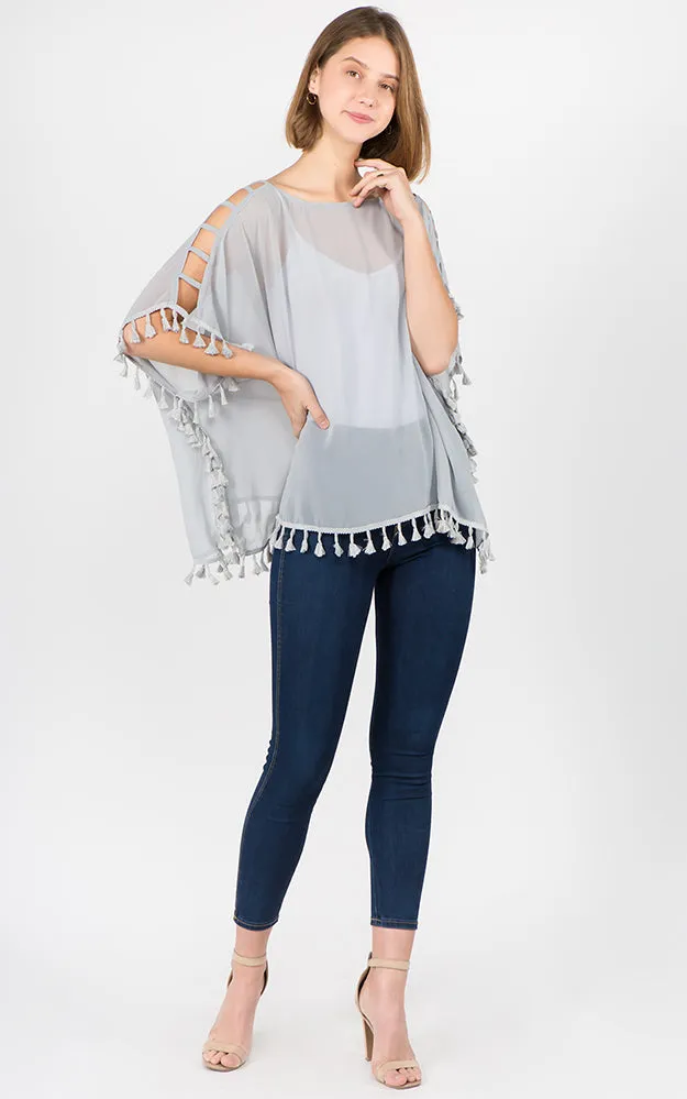 PP1C73 Solid Open Shoulder Poncho with Tassels