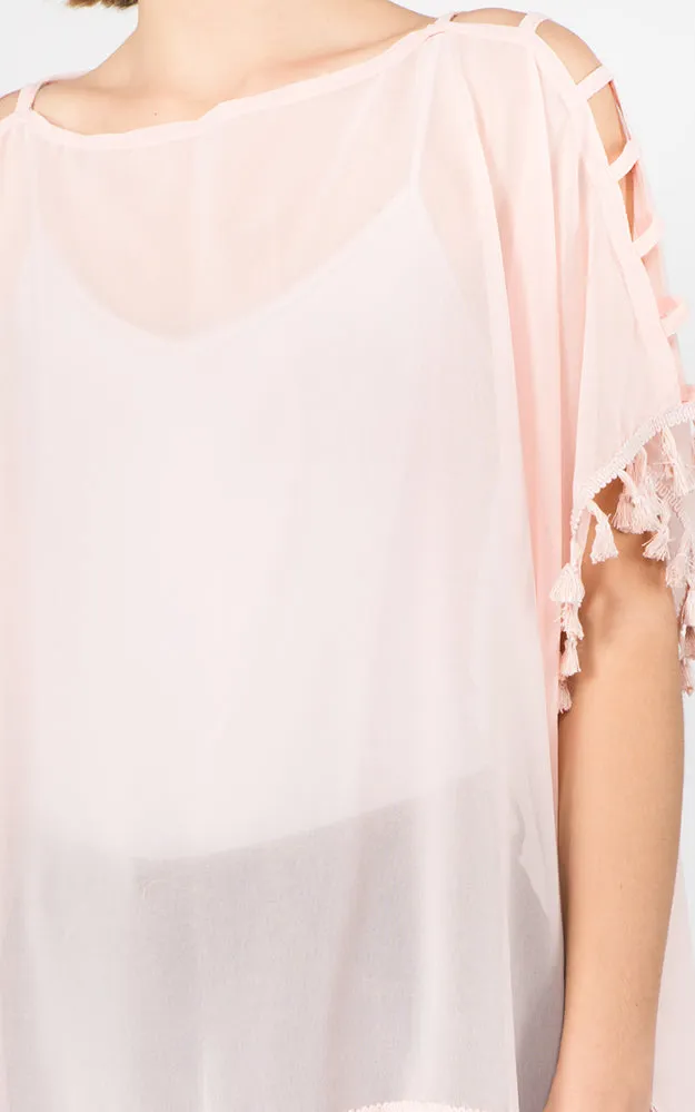 PP1C73 Solid Open Shoulder Poncho with Tassels