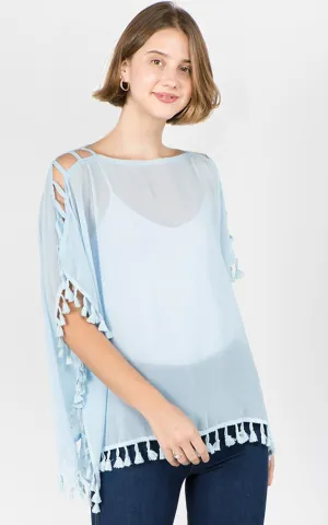 PP1C73 Solid Open Shoulder Poncho with Tassels