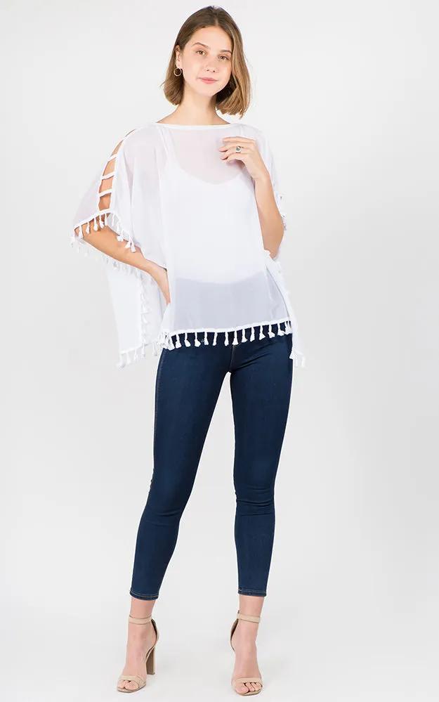 PP1C73 Solid Open Shoulder Poncho with Tassels