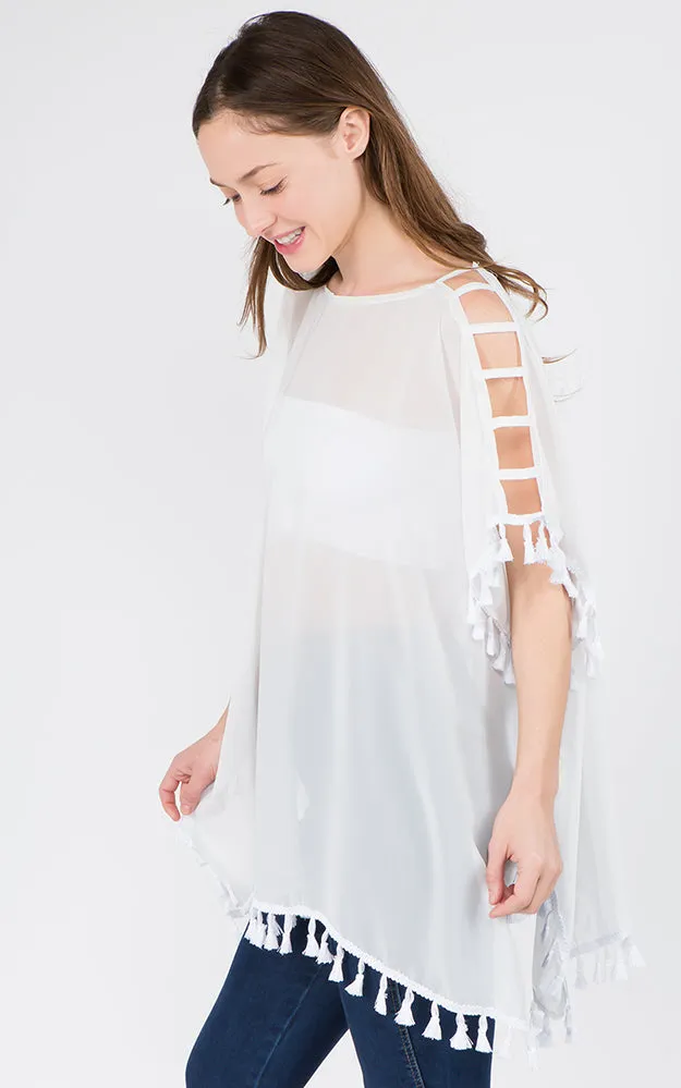 PP1C73 Solid Open Shoulder Poncho with Tassels