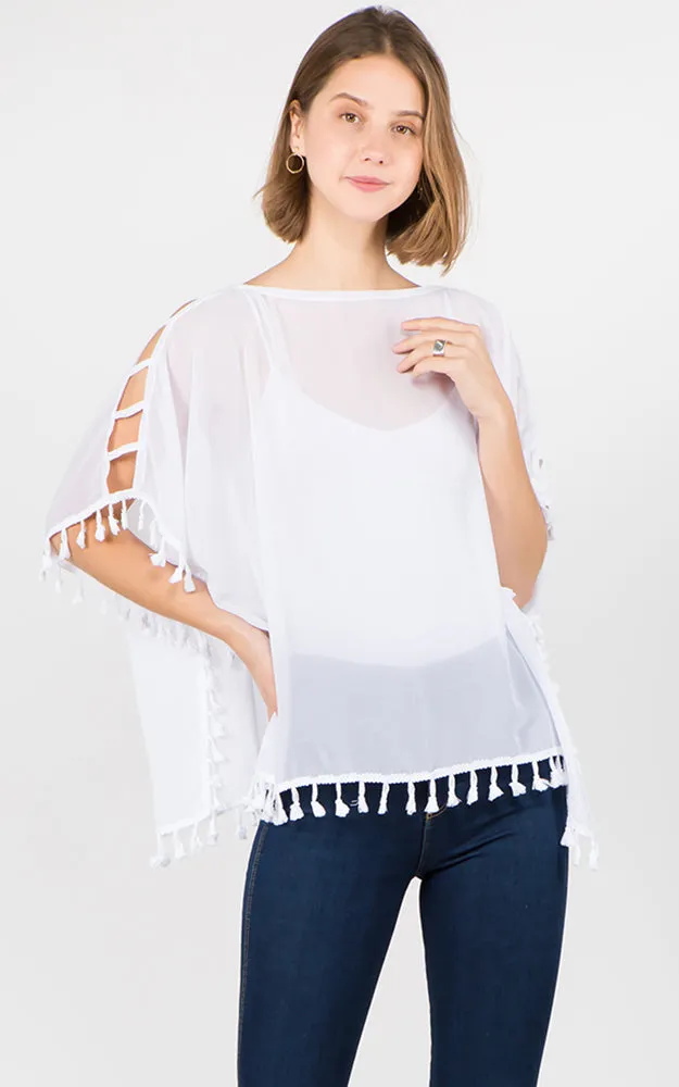 PP1C73 Solid Open Shoulder Poncho with Tassels