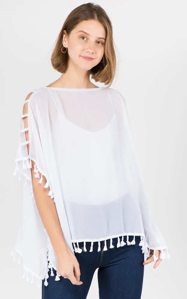 PP1C73 Solid Open Shoulder Poncho with Tassels