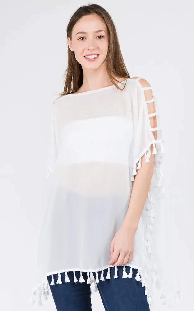 PP1C73 Solid Open Shoulder Poncho with Tassels