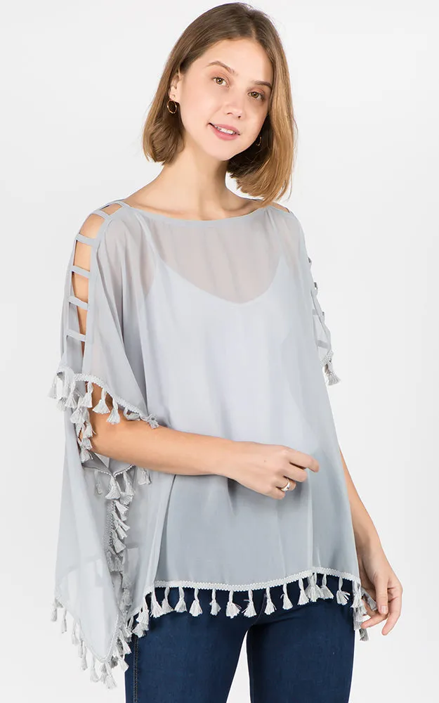 PP1C73 Solid Open Shoulder Poncho with Tassels
