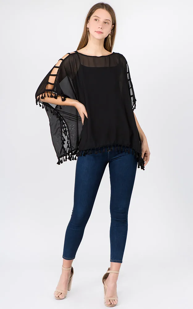 PP1C73 Solid Open Shoulder Poncho with Tassels