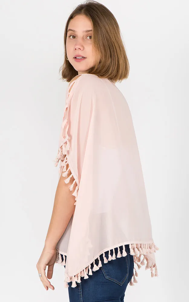 PP1C73 Solid Open Shoulder Poncho with Tassels
