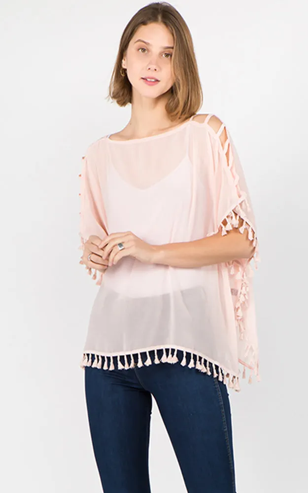 PP1C73 Solid Open Shoulder Poncho with Tassels