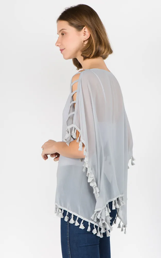 PP1C73 Solid Open Shoulder Poncho with Tassels