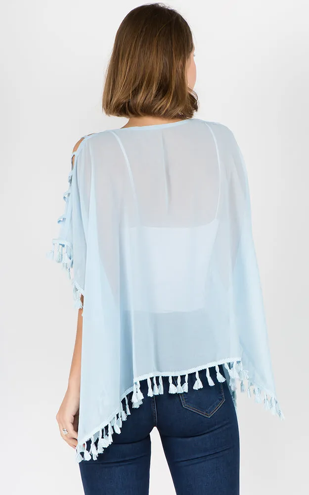 PP1C73 Solid Open Shoulder Poncho with Tassels