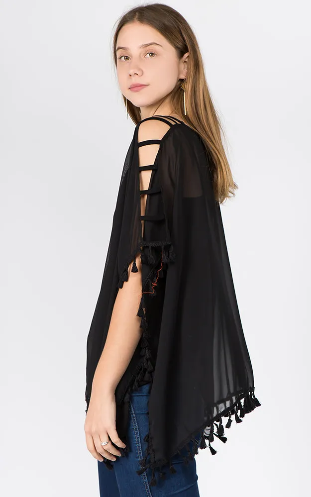 PP1C73 Solid Open Shoulder Poncho with Tassels
